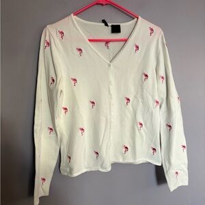 Etoile brand White Cardigan with Pink Flamingo Embroidery Small-Medium
